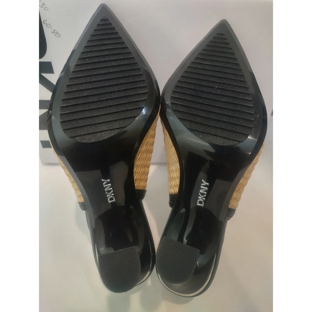 DKNY Cinette Slingback Pumps Natural Raffia Black Pointed Toe Heel K1526881 US 6 - Picture 7 of 8